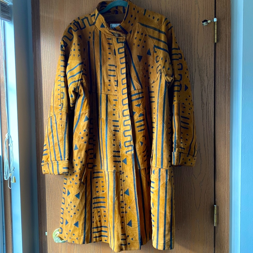 Printed patchwork suede swing coat
